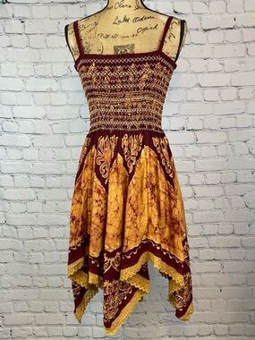 Lorance Boho Batik Maroon/Gold Asymetrical Hem Dress